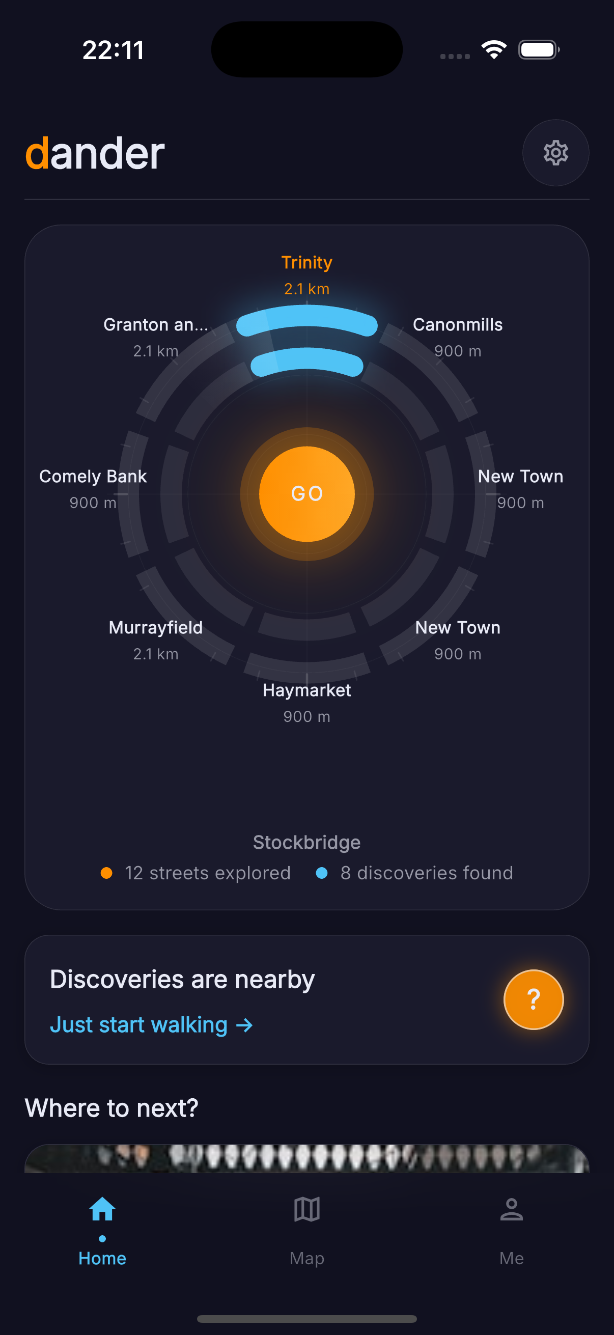 Dander direction dial showing neighbourhoods around Stockbridge