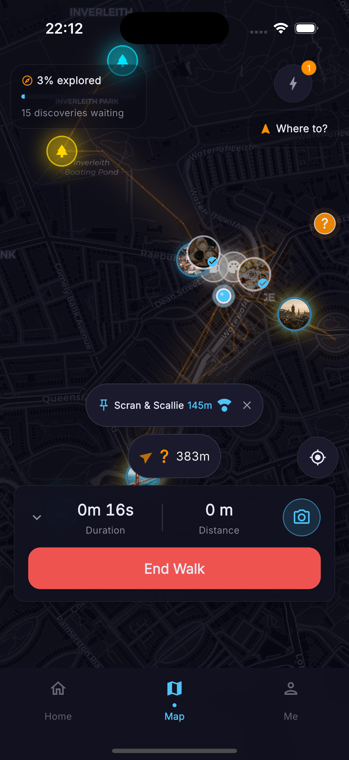 Dander map with active walk, photo pins, and fog