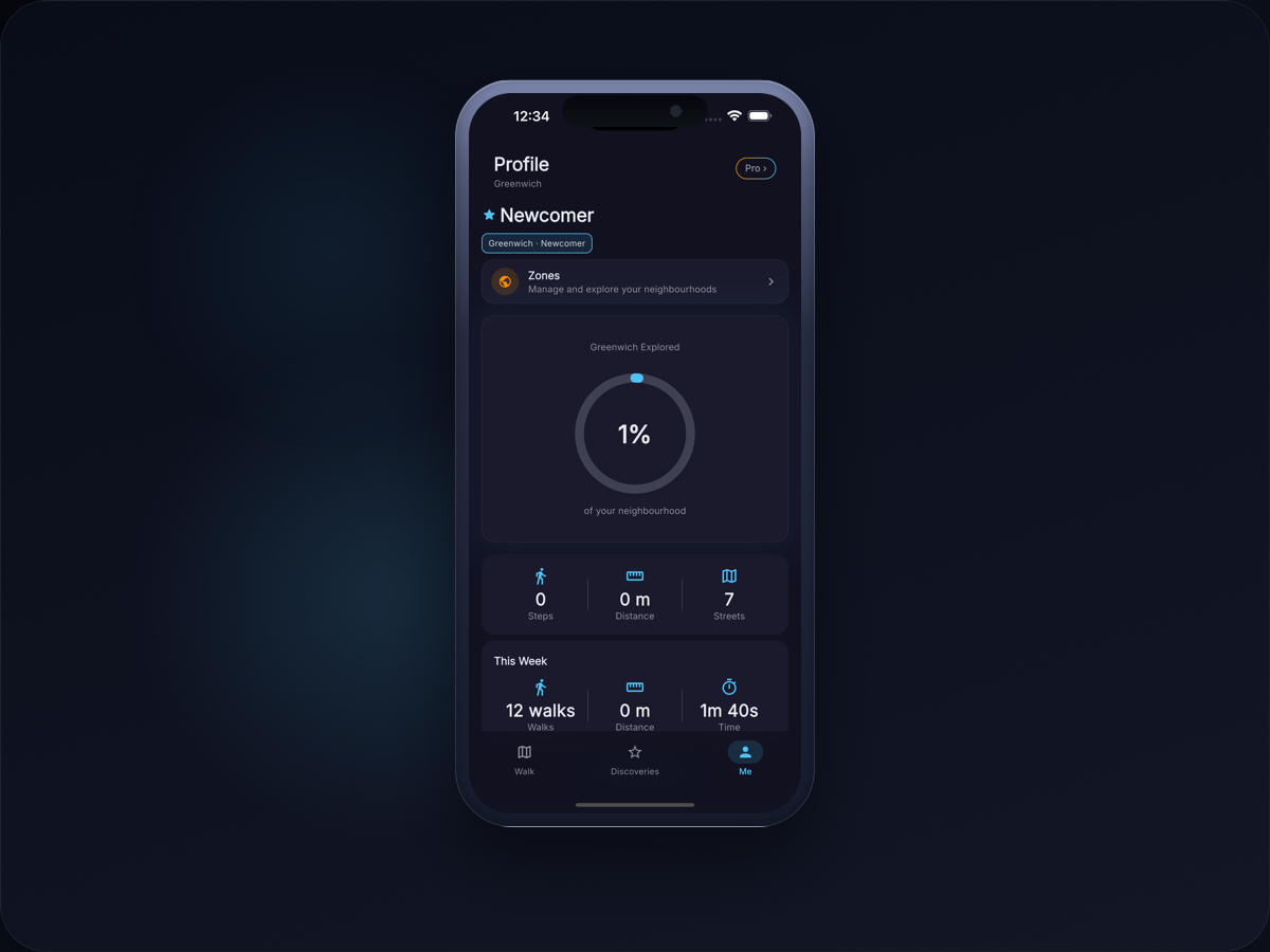 Dander profile screen showing neighbourhood progress and weekly walking stats